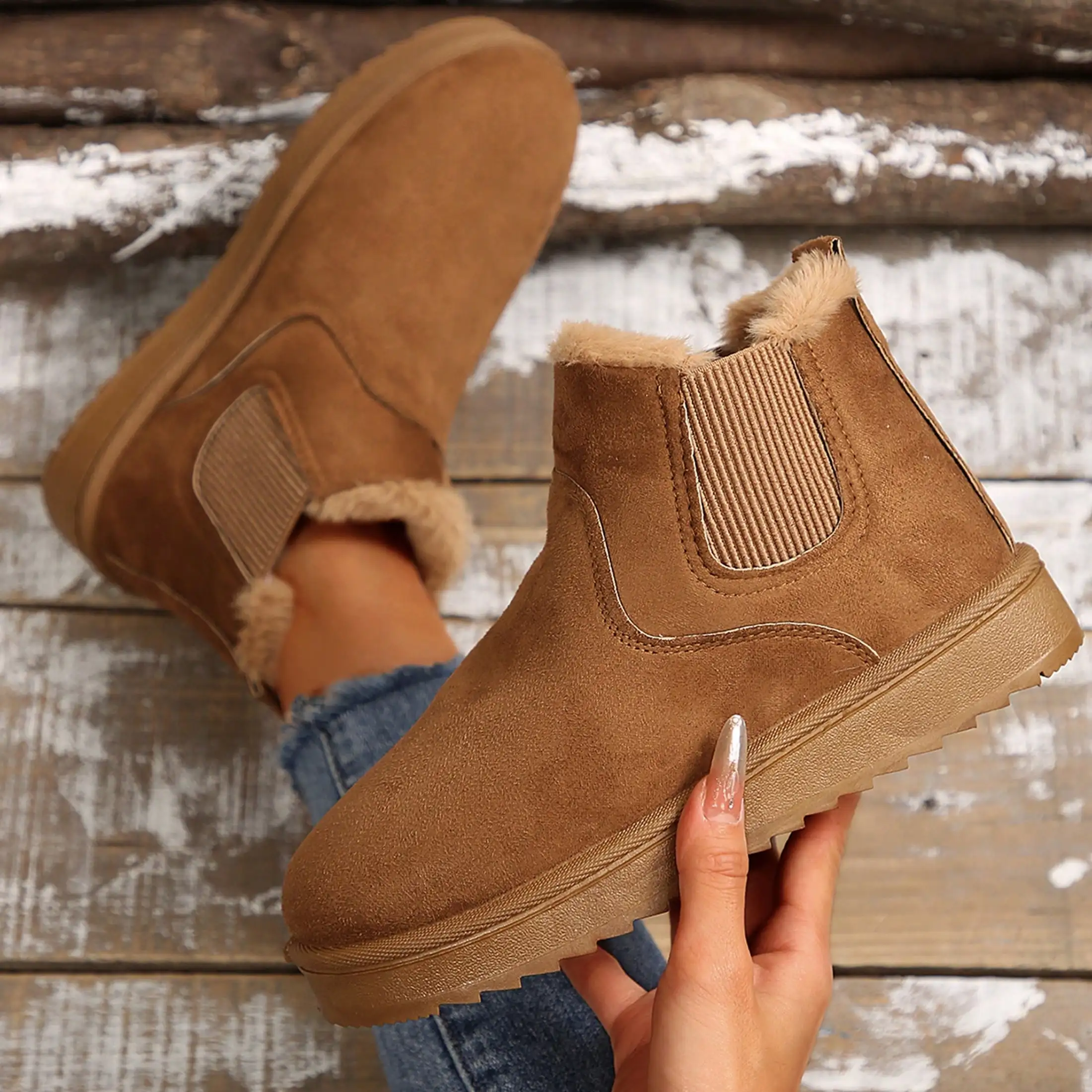 Womens Memory Foam Plush Fluffy Lined Winter Ankle Boots, Slip On Warm Snow Boots, Comfortable Elastic Cuff Casual Short Boots For Outdoor Daily Wear**