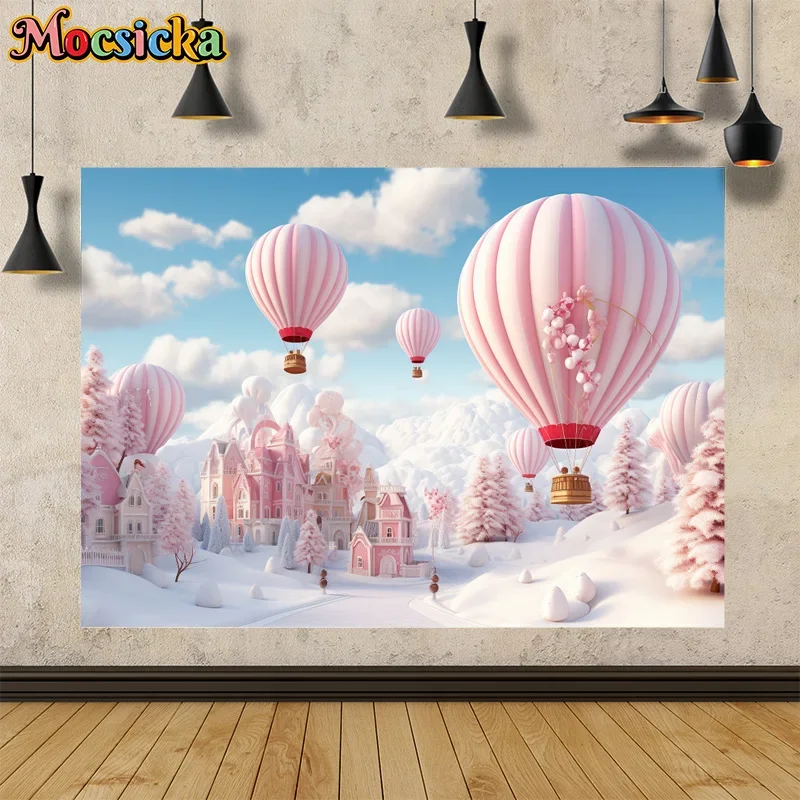 

Mocsicka Photography Backdrop Merry Christmas Pink Castle Hot Air Balloon Background Cute Kid Portrait Cake Smash Studio Photo