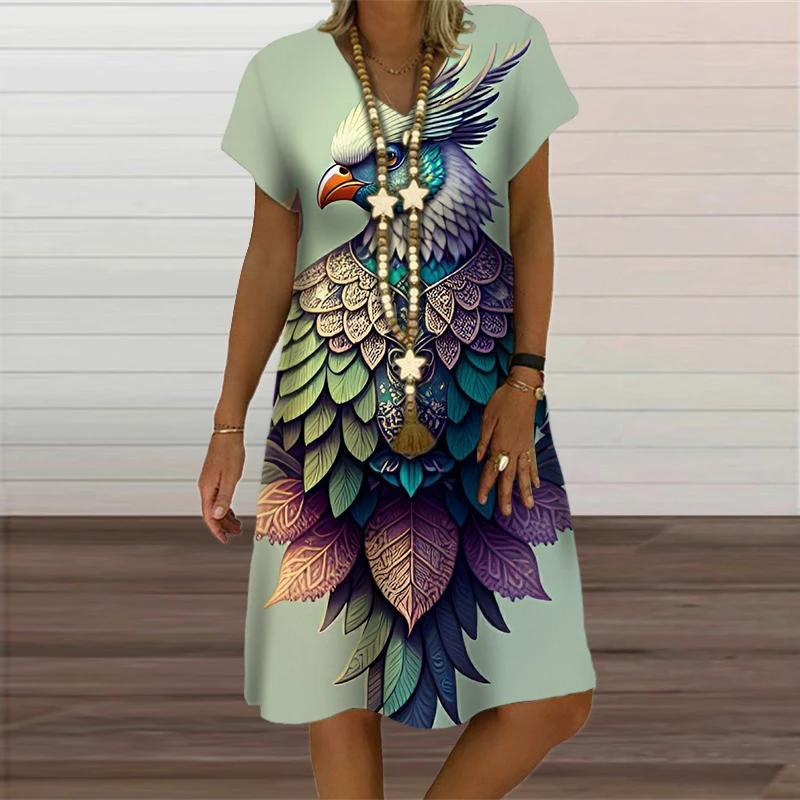 Gele Bloemenprint Jurken Voor Dames Kleding Zomer Vogel Patroon Korte Mouw Losse Jurk Mode Casual V-Hals Oversized Jurk