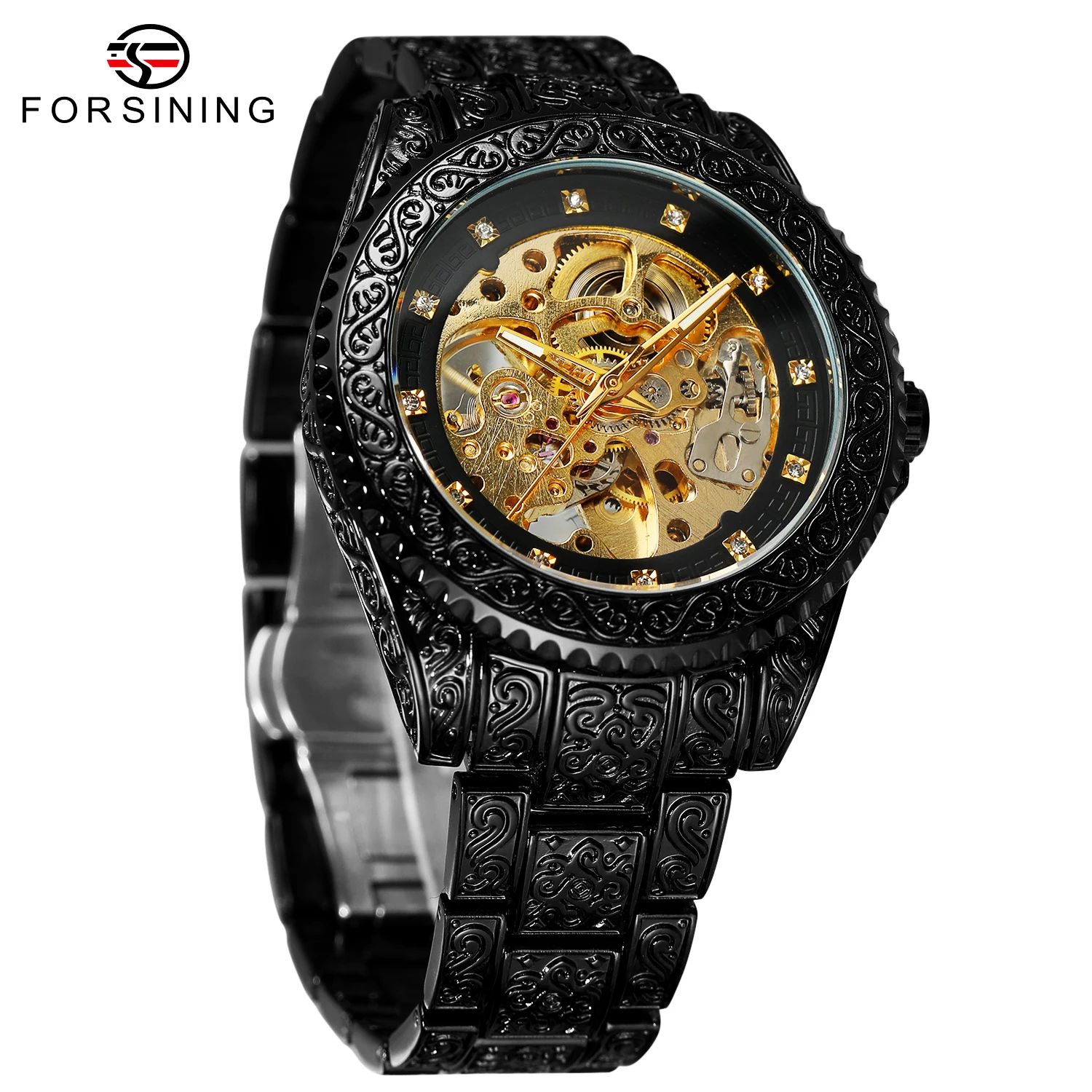 

FORSINING модные мужские часы в стиле ретро со скелетом, автоматические механические часы со стразами, крутые черные винтажные часы из нержавеющей стали с резьбой