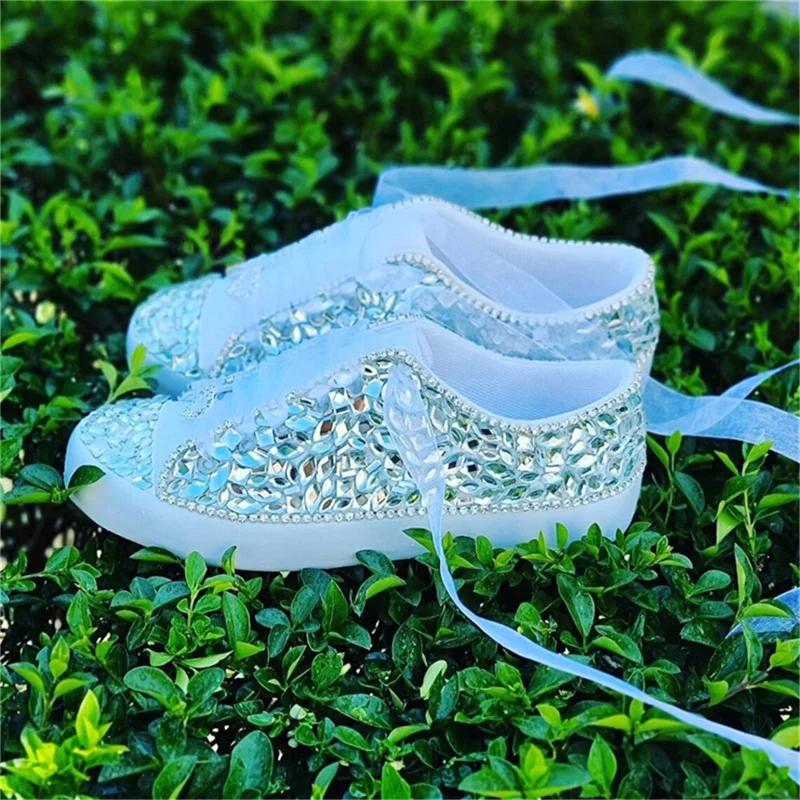 Handmade luxury rhinestone sequins pure white low top wedding plimsolls women\'s large size casual running shoes 35-44