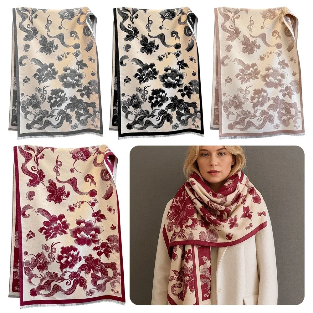 

Luxury Imitation Cashmere Scarf Warm Lotus Print Pashmina Shawls Thick Windproof Poncho Scarves