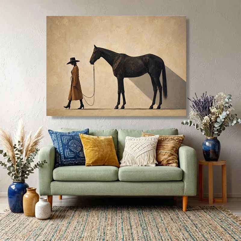 Elegant Woman with Horse Canvas Minimalist Animal Poster and Prints Canvas Painting Wall Art Pictures Home Decor Cuadros