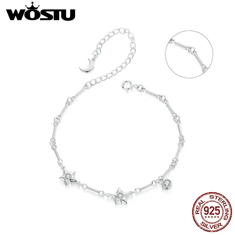 

WOSTU 925 Sterling Silver Star Moon Links Bracelet For Women AAA Zircon Snake Chain Bracelets Party Jewelry Girl Birthday Gift
