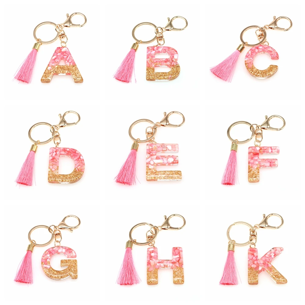 Personalized Pink 26 Letter Resin Crystal Pendant Keychain Tassel Keyring Schoolbag Ornaments Car Accessory Charm Jewellery Gift