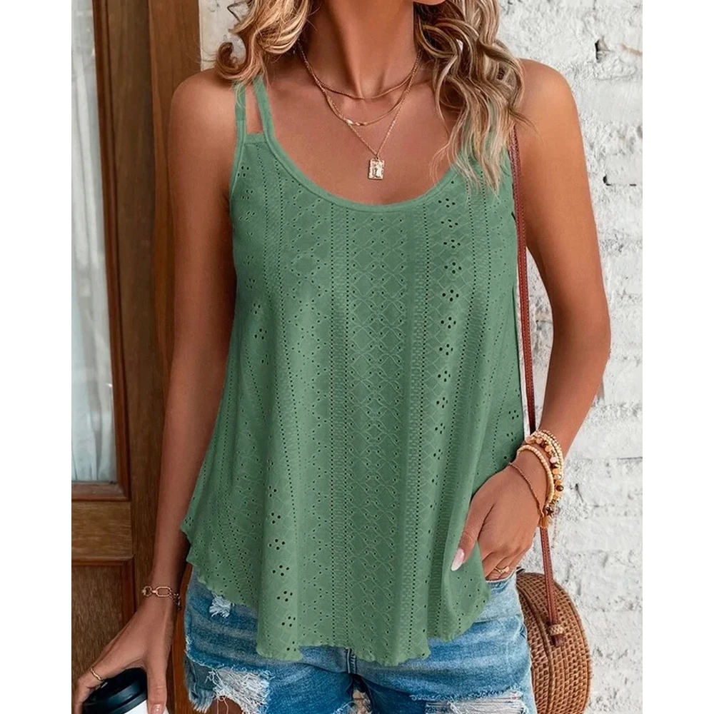 

2024 Women Plain Solid Eyelet Embroidery Cami Casual Top Fashion Femme Summer Steetwear Round Neck Sleeveless T Shirt Blouse