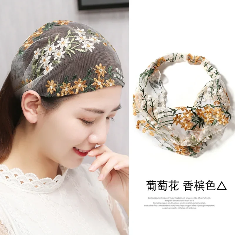 Summer Thin Embroidered Headscarf, Hairband for Women, Wide Lace Headwrap