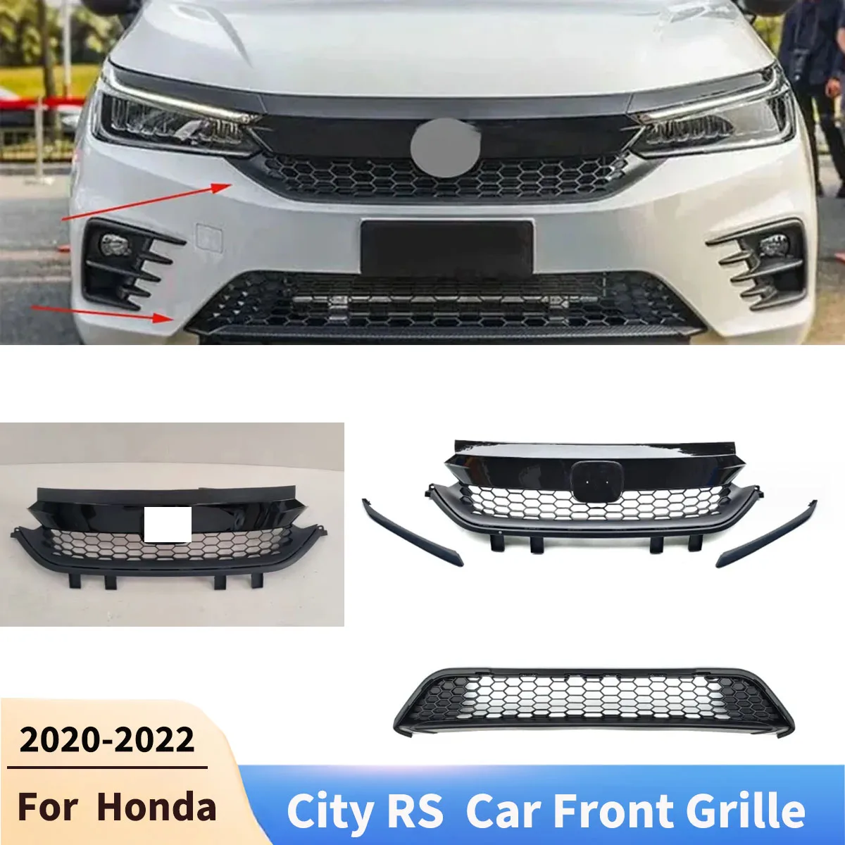 

Для Honda City RS 2020-2022 автомобильный передний бампер, решетка капота, гоночная верхняя нижняя сетка, защитная крышка, аксессуары, тюнинг