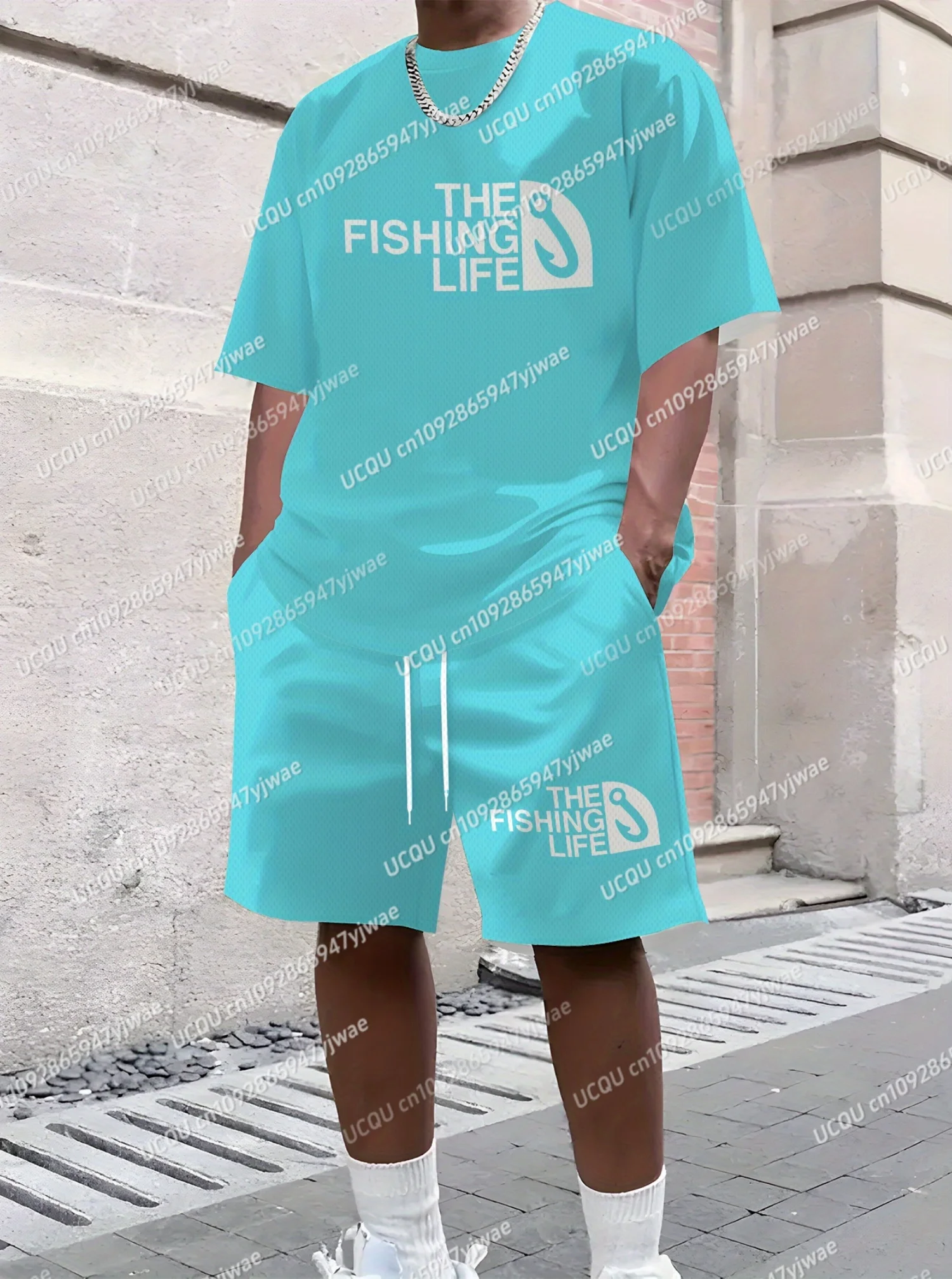 

THE FISHING LIFE Print Men's Casual Short Sleeve T-Shirt Shorts Set Adult Basketball Jogging 2 Piece Set men Clothing