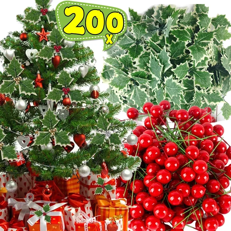 Christmas Holly Berry foglie verdi oro artificiale bacche rosse agrifoglio Berry steli albero di natale ghirlanda ornamento decorazioni per feste di