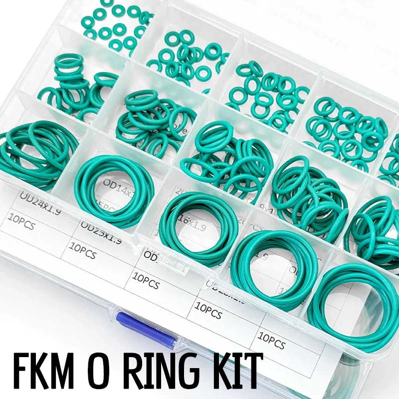 High Temp Leakproof Green FKM O Ring Assortment 225Pcs CS1.9mm Oil Acid Alkali Corrosion Resist Machinery Seal Parts