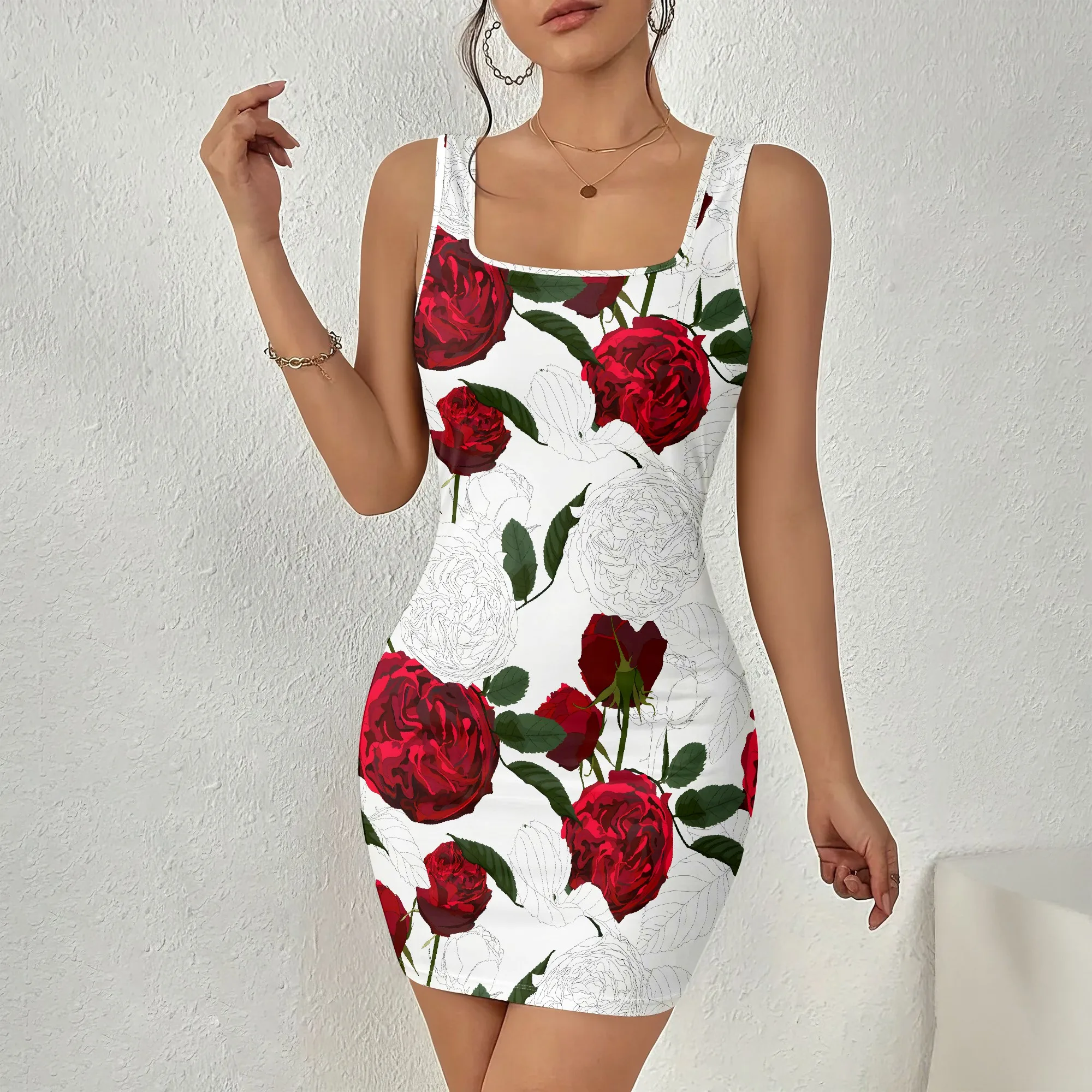 

Red Rose Print Mini Dress, Sleeveless Bodycon Sundress, Floral Summer Party Wear for Women, S-2XL