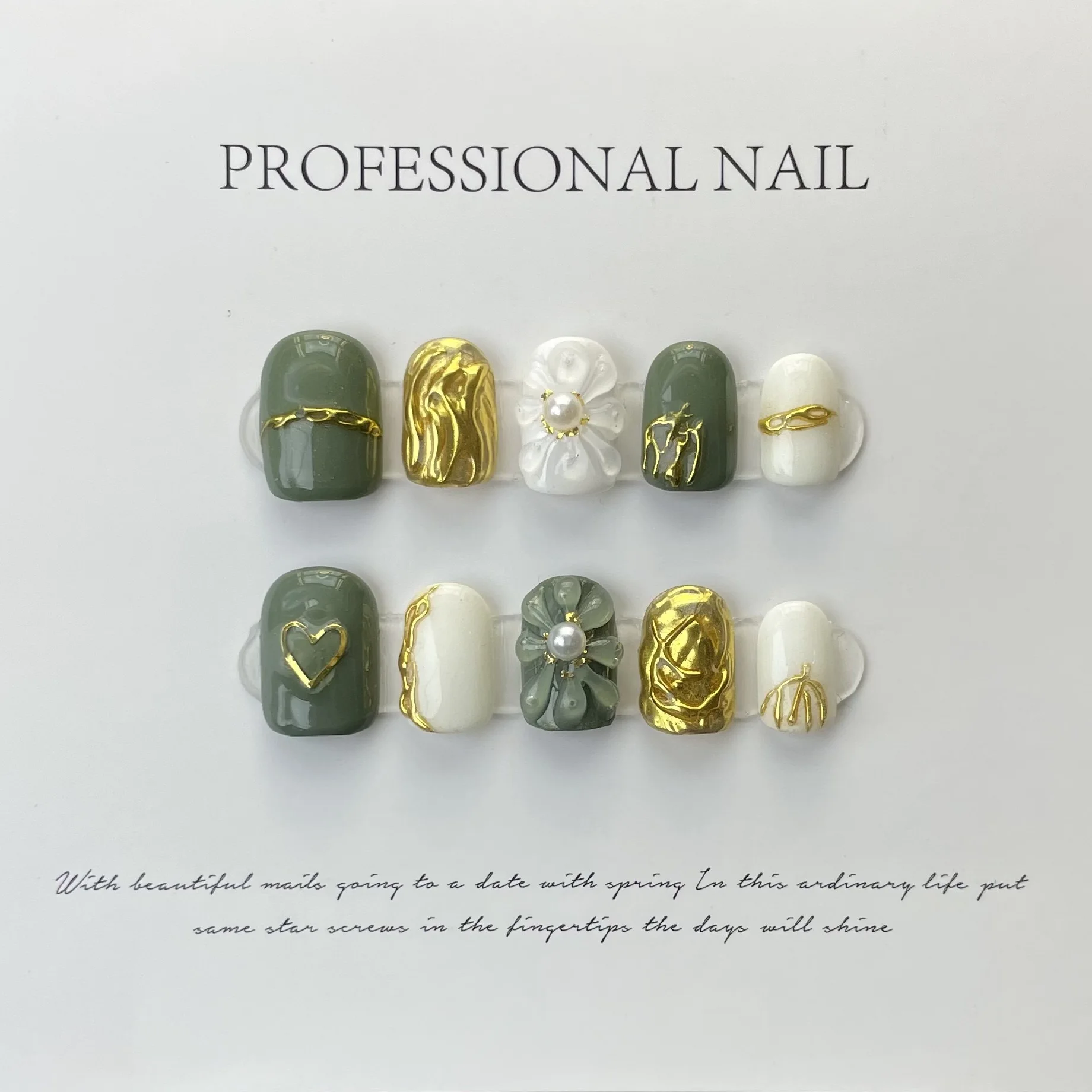 10 pcs Luxury Handmade Press on Nails Short Square Green Micro Carving Design with 4-PIECE Tool Adhesive Nail Glue Tabs
