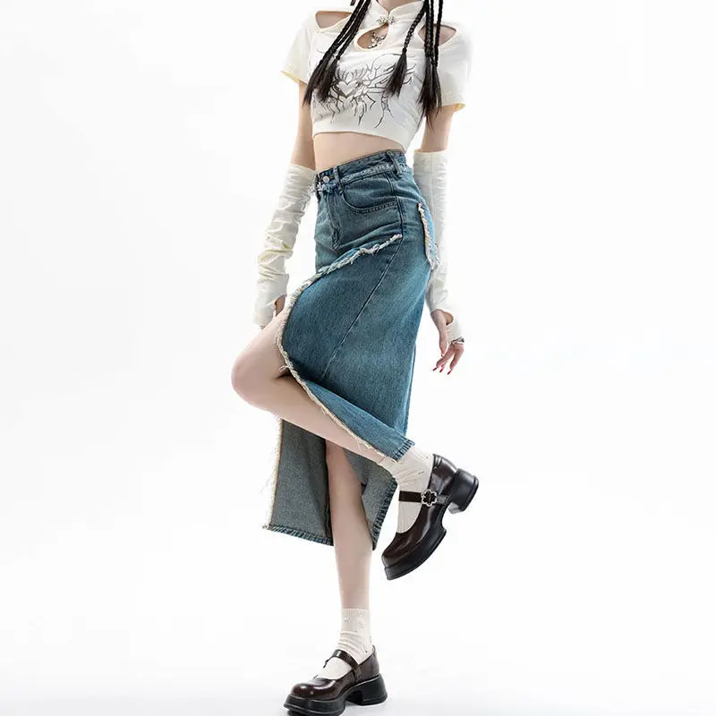 

New Spring Fashion High-Waisted Slimming Vintage Irregular Slit Denim Skirt for Women with Frayed Edge Design, Mid-Length Skirt