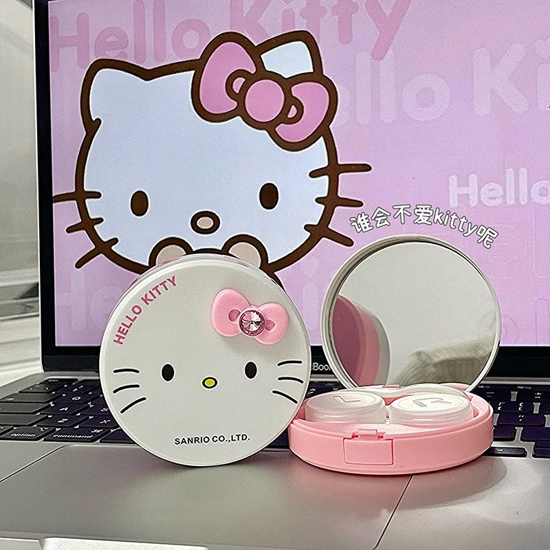 

New Kawaii Hello Kitty Contact Lens Case Anime Cute Sanrio Cartoon Kt Cat Portable Contact Lens Box with Mirror Girl Travel Gift