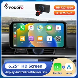 Podofo-REPRODUCTOR Multimedia Inalámbrico para coche, dispositivo con pantalla de 6,25 pulgadas, compatible con BT, FM, AUX, Audio y AirPlay