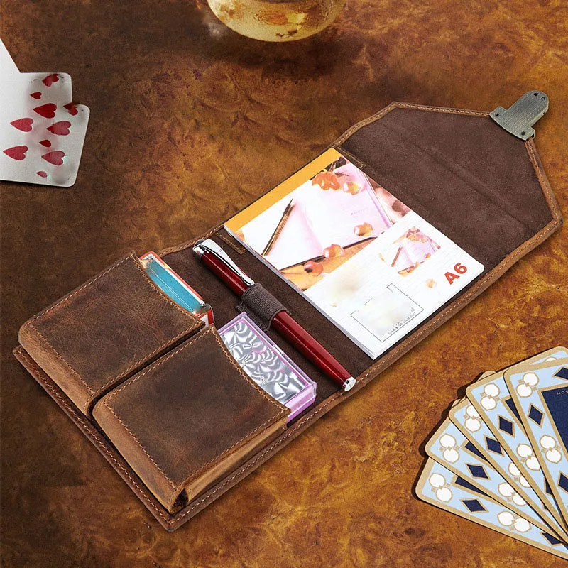 

Genuine Leather Multifunctional Playing Card Storage Box with Pen Slot Portable A6 Notebook Storage Bag Business Gifts