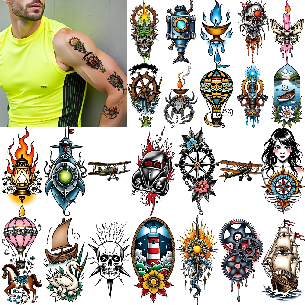 

28pcs Temporary Tattoo Skull Waterproof Long-lasting Body Stickers Compass Gear Temporary Tattoo Stickers Ship For Arms
