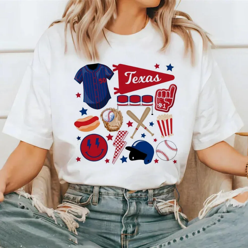 Texas Rangers Baseball Competition Equipment Printed T-Shirt Women's Summer Trendy Loose Top O-Neck Basic Clothing T-Shirt