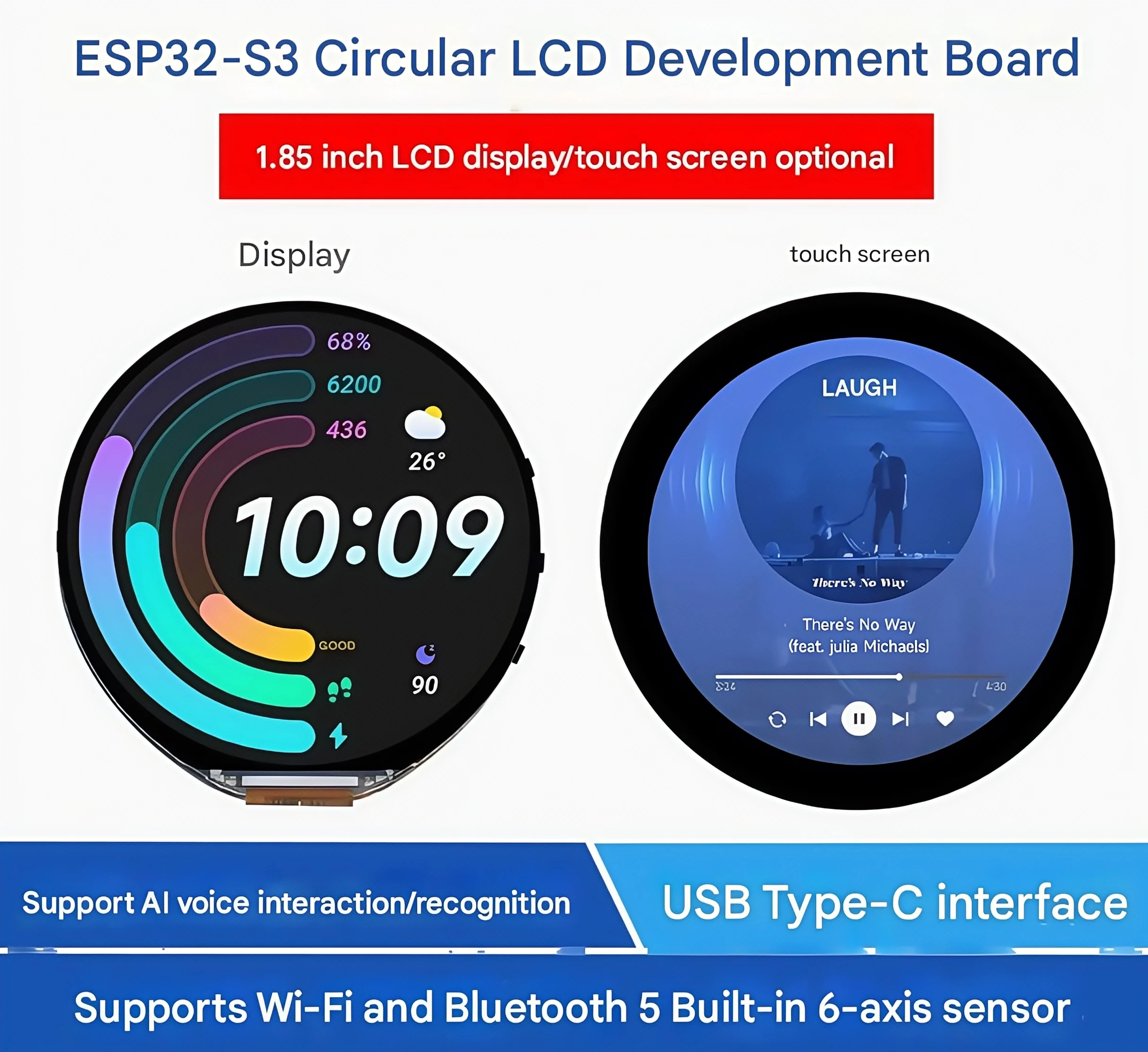 لوحة تطوير ESP32-S3 Xiaozhi AI صوت 1.85 بوصة شاشة مستديرة تعمل باللمس بالسعة واي فاي بلوتوث