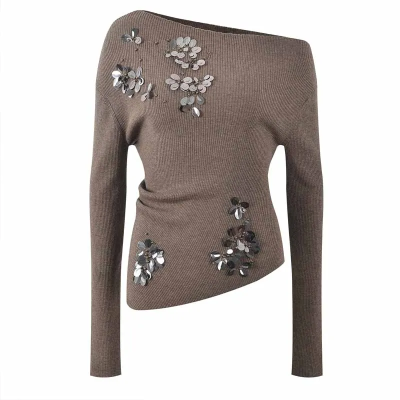 MCDV-suéter Sexy de punto con lentejuelas y hombros descubiertos para mujer, Jersey ajustado de manga larga con cuello inclinado elegante, Tops, prendas de punto suaves y cálidas