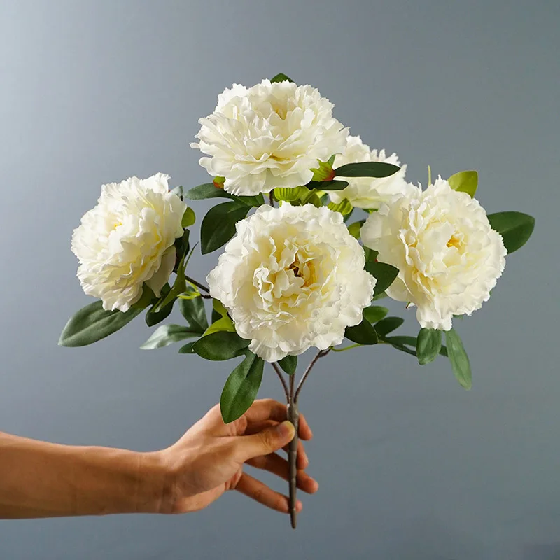 

45cm White Silk Peony 5 Heads Artificial Flowers Bouquet Cheap High Quality Fake Flowers for Home Wedding Decoration Indoor