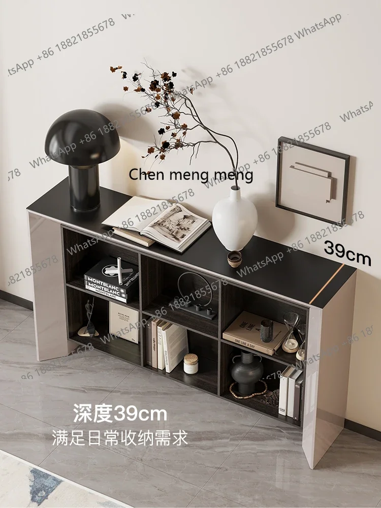 Italian-style porch cabinet enters the house, opposite the door, rock slab end view table against the wall, narrow side table