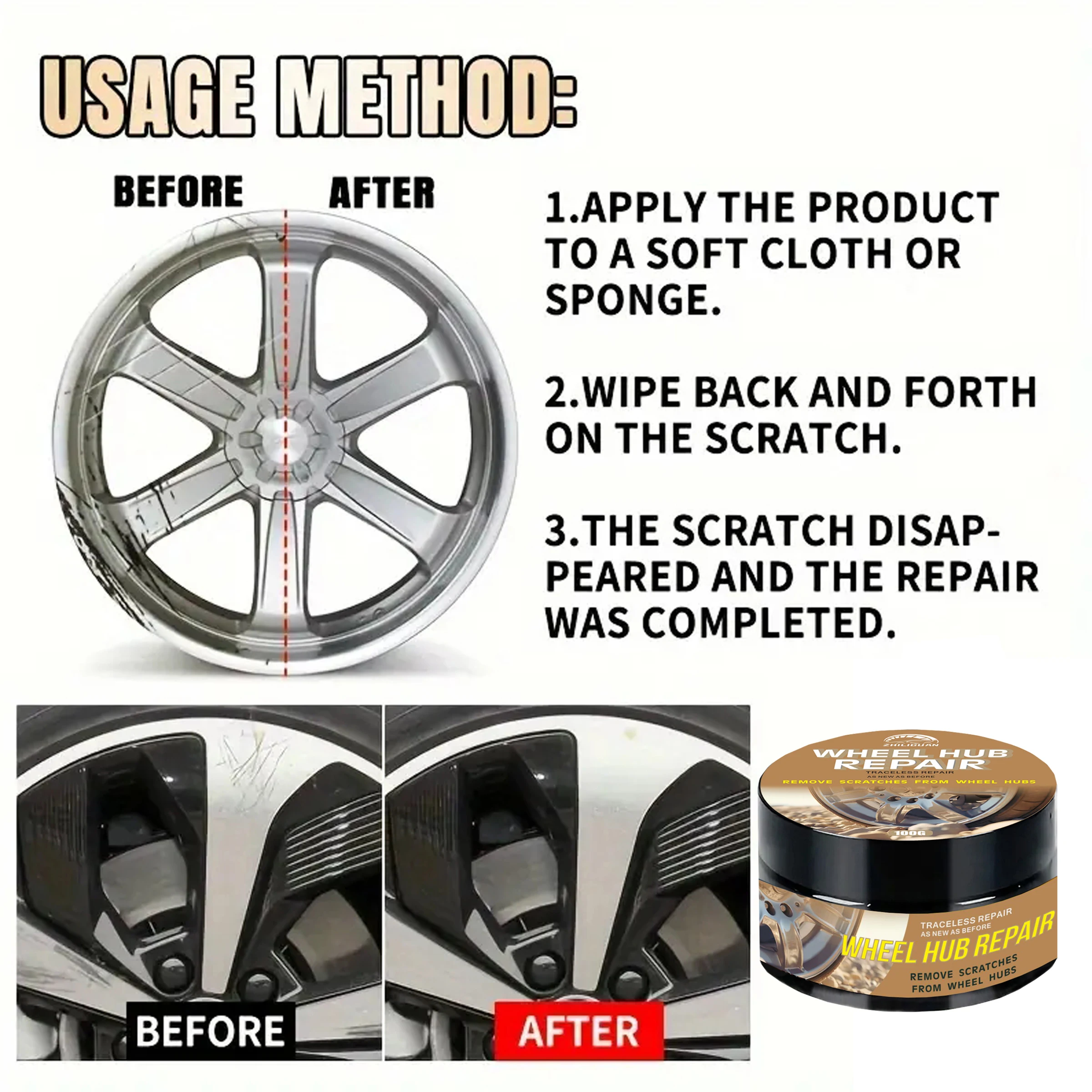 Car Wheel Hub Scratch Repair Kit, Wheel Hub Refurbishment and Polishing Powder, Car Wheel Hub Scratches, Rust, Fading Repair