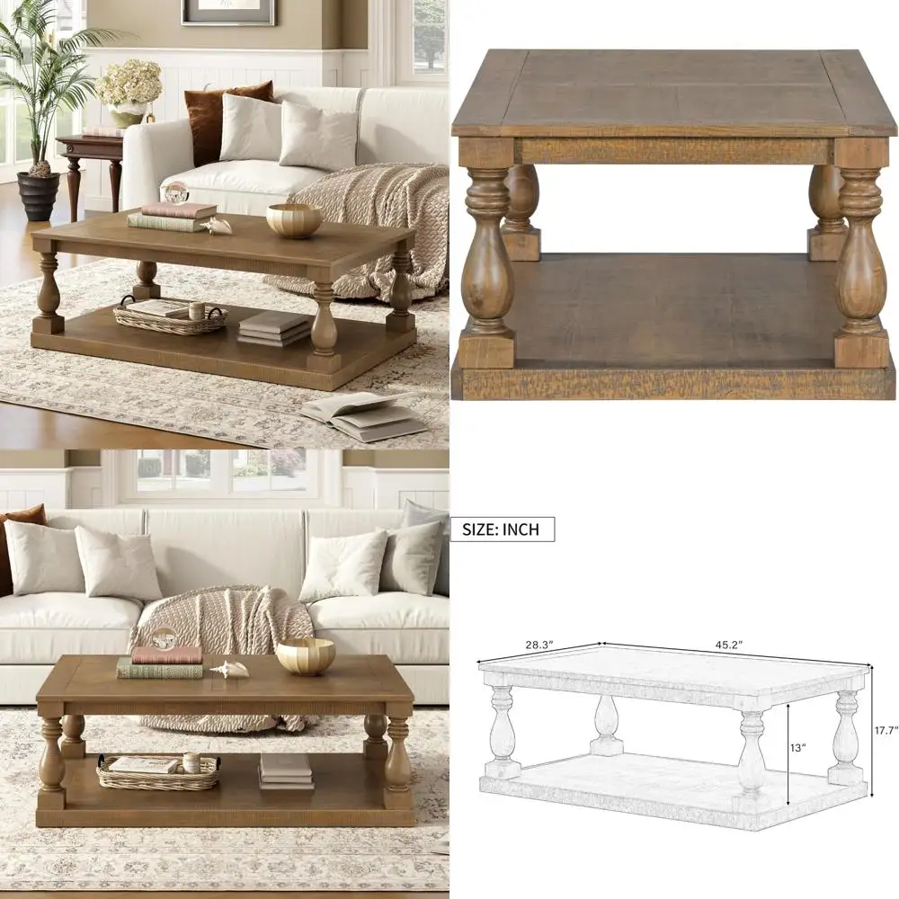 

Прямоугольный журнальный столик в современном фермерском стиле с местом для хранения вещей для гостиной, коричневый массив дерева