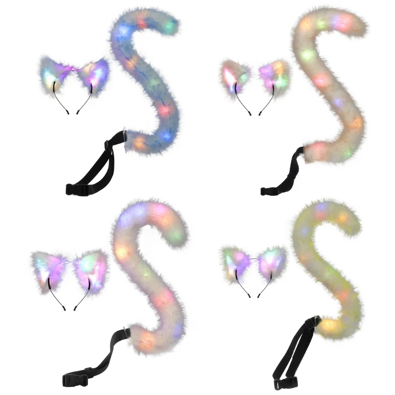 

Colorful LED Flashing Cats Ears Headband With Furry Tail Set Adjustable Light Modes For Cosplay Halloween