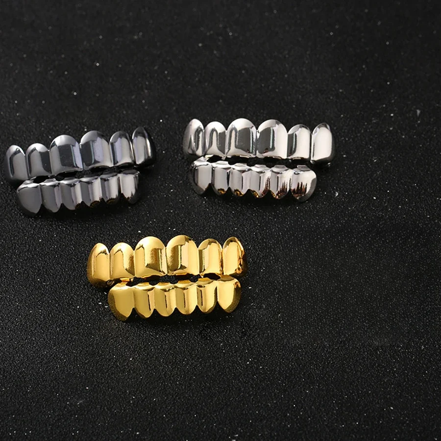 Dents Grills pour femmes et hommes, 6/6 dents, Hip Hop, or, argent, décor de casquettes, bretelles punk, cosplay, fête, bretelles, bijoux, mode