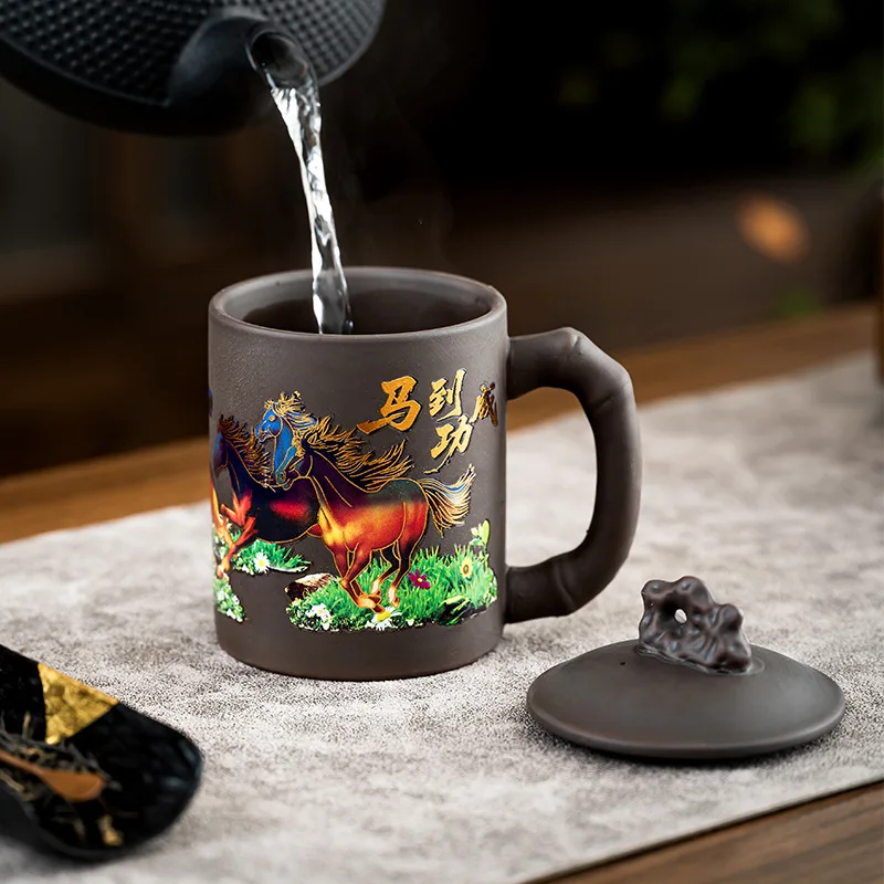Taza de Té de Cerámica de 350 ml que Cambia de Color con Tapa, Diseño de Ocho Caballos, Reactiva a la Temperatura, Regalo Tradicional Chino de Kung Fu
