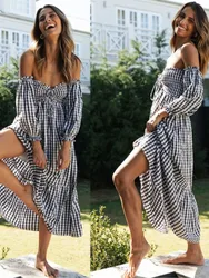 Fashion Print Off Shoulder Women's Plaid Dress New Autumn Fashion Elegant Party Casual Dresses Femlae Holiday Robe Femme