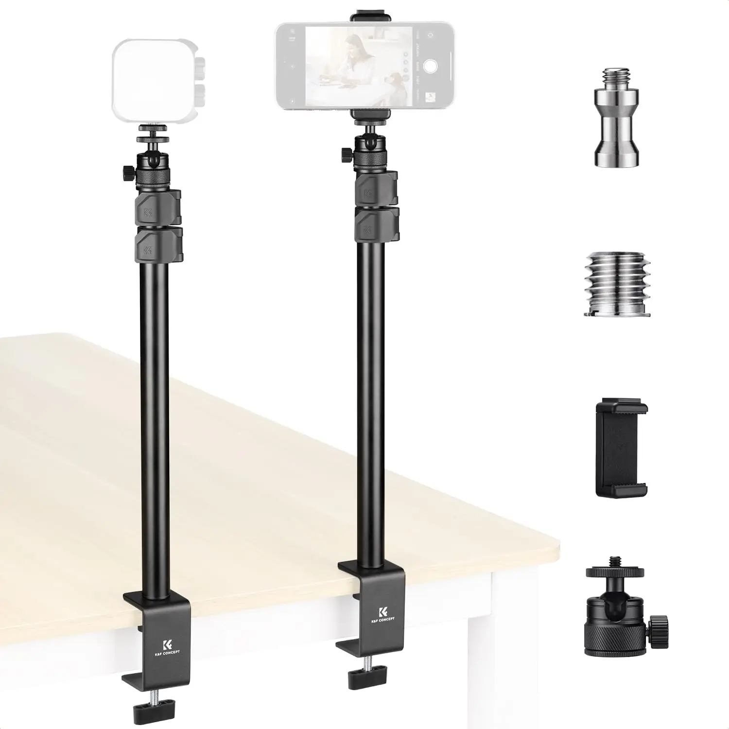 

2-Pack Camera Desk Mount with 360° Ball Head & Phone Clip - Adjustable Light Stand 16"-37",Tabletop C-Clamp for DSLR, R