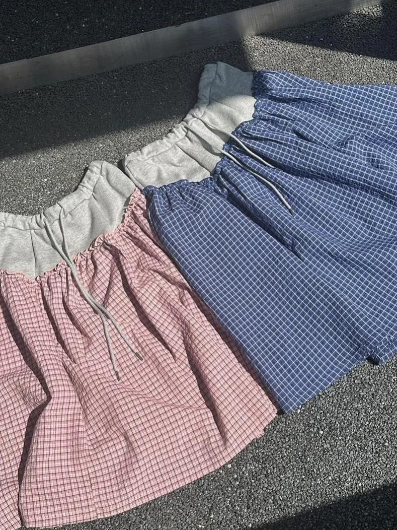 Gonna da donna di media lunghezza con motivo scozzese retrò carino Patchwork Color Blo Gonna da donna in vita elastica giapponese Sle Primavera Autunno Inverno