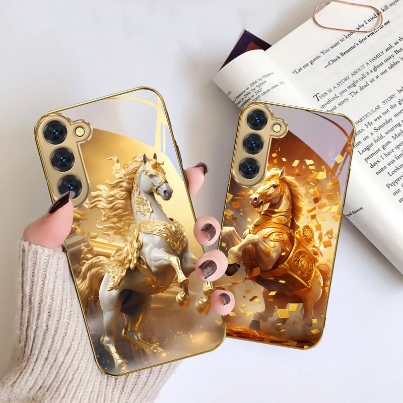 

A standing little steed For Samsung Galaxy S26 S20 FE S21 S22 S23 Plus S24 Ultra S25 Ultra S21 S25+ S22 Golden glass phone case