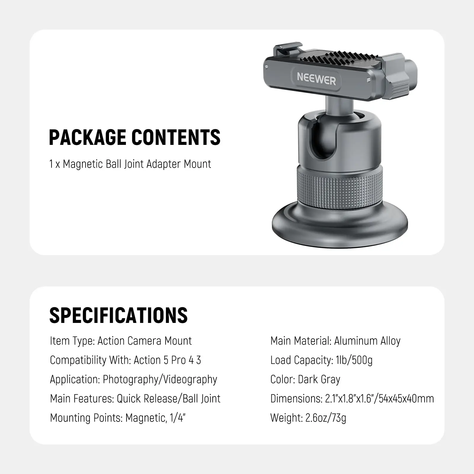 Магнитное крепление для камеры, совместимое с быстросъемным адаптером с шаровой головкой DJI Osmo Action 5 Pro/4/3 360, резьба 1/4 дюйма