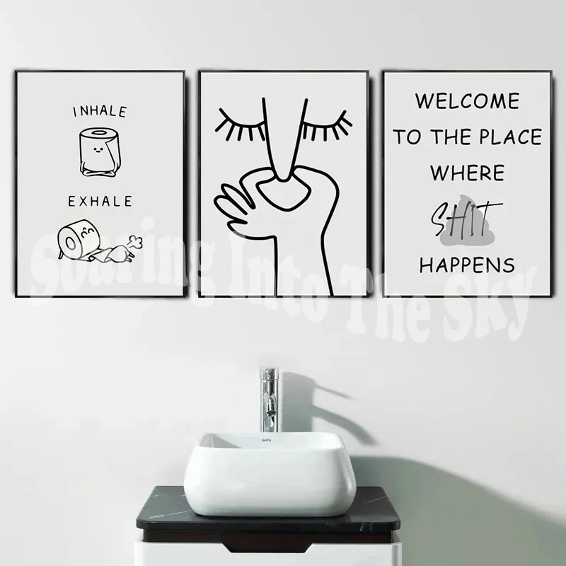 3pcs Abstract Humour Bad Smell Funny Bathroom Poster Black White Prints Canvas Painting Wall Art Pictures WC Toilet Room Decor