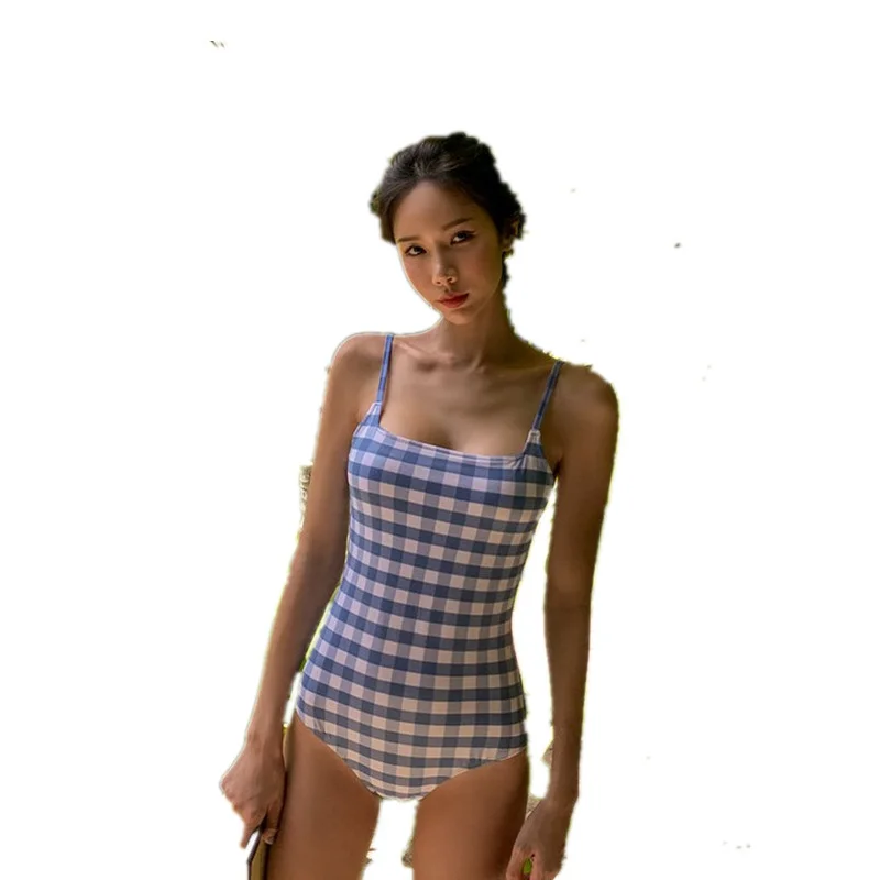 Maillot de bain une pièce simple fille japonaise, licou à carreaux, 20203, 600