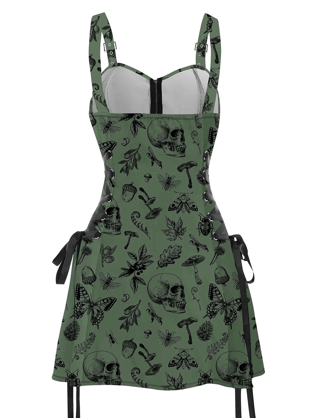 Dressfo Womens Sexy Mini Dresses Skull Animal Plant Print Buckle Strap Dress Lace Up Half Zipper Mini Dress Green Dress Sundress