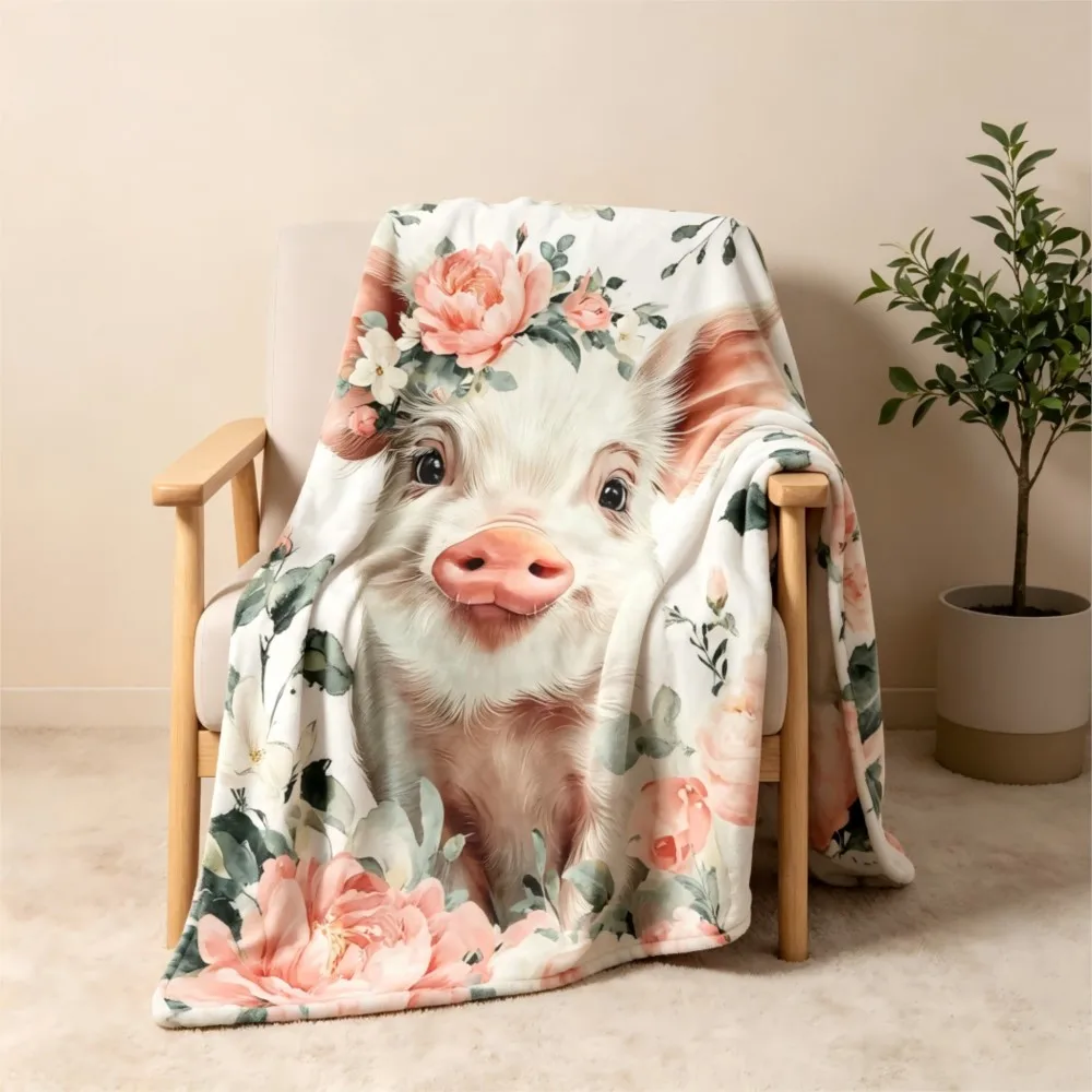 1pc Cute Piggy Flower Throw Unique Gifts Cute Animals Pattern Flannel Blanket Piggy Lovers Gifts Four Season Use