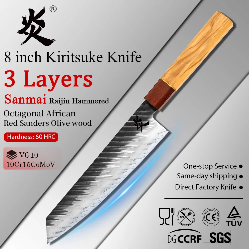 YAN 3 Layers Sanmai Damascus Steel VG10 Raijin Hammered Kiritsuke Knife Octagonal African Red Sanders and Olive Wood Handle