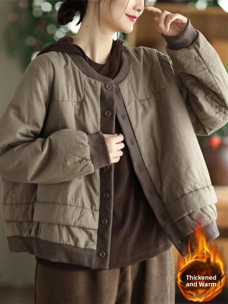 

Утепленная хлопковая куртка женская в стиле ретро с воротником-стойкой, в стиле бейсбольной куртки, с цветными вставками, теплая, на пуговицах, с длинными рукавами