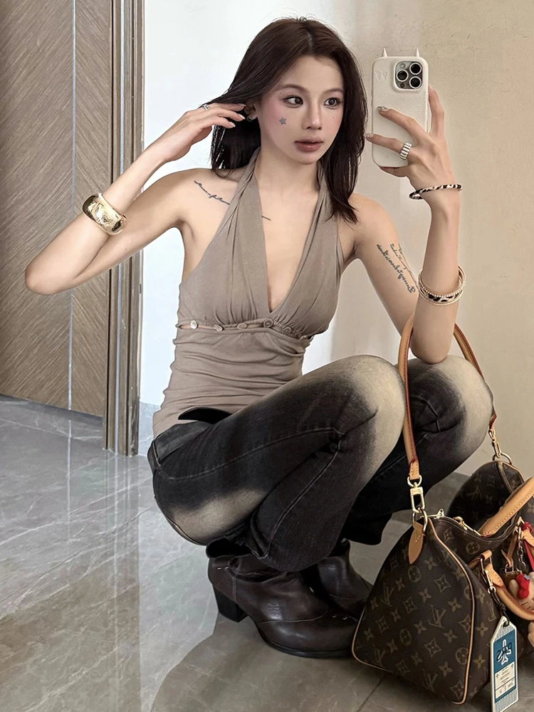 

Insglas полые пуговицы жилеты женские Холтер с v-образным вырезом и открытой спиной складки высокая эластичность модные уличные простые топы для музыкального фестиваля