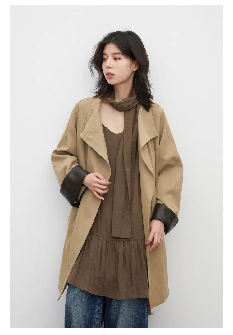 CHIC VEN Korean Women Mid Length PU Jacket Stand Collar One-button Laced Up Overcoat Office Lady Trench Coat Spring Autumn 2026