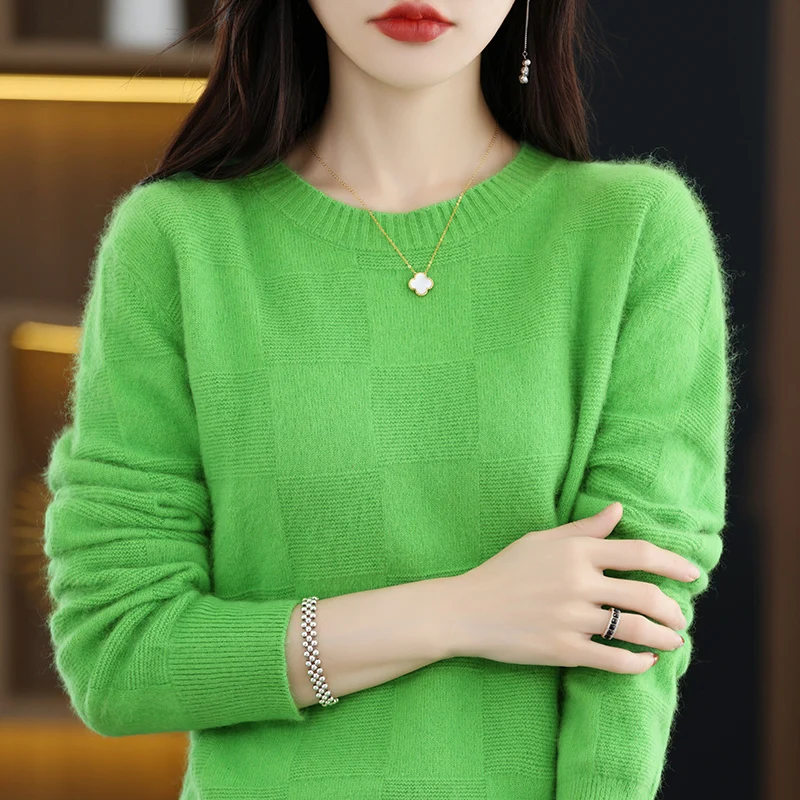 Autumn and Winter New O-Neck Women\'s Sweater 100% Pure Mink Cashmere Knitted Pullover Solid Color Slim Fit Fashion Top