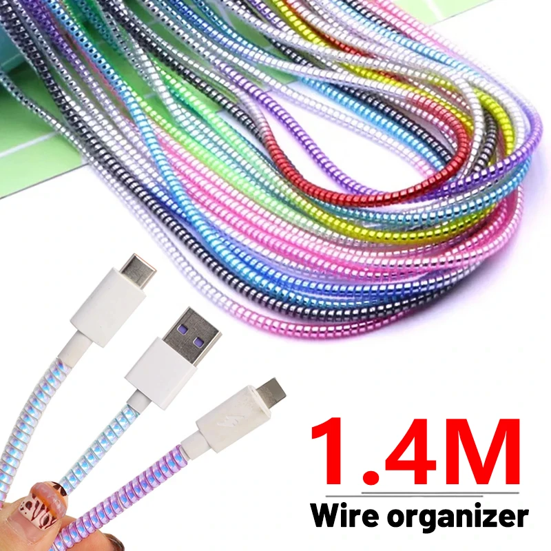 Kolorowa laserowa spiralna ładowarka USB kabel przewód Protector Wrap 140cm kabel Winder dla iPhone Samsung Mi kabel do transmisji danych uniwersalny