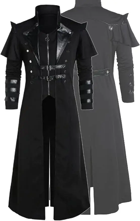 Men\'s Steampunk Gothic Long Trench Coat Jacket Double Breasted Zipper Punk Tops Cosplay Medieval Costume Black