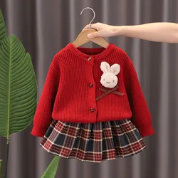 Children's sweater set girl's autumn winter red cartoon cardigan New Year's Short skirt set baby knitting birthday two-piece set