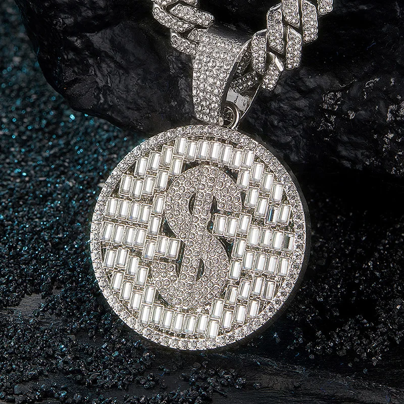 Round Brand US Dollar Pendant Light Luxury Fashion Alloy T Square Diamond Hip Hop Necklace Pendant